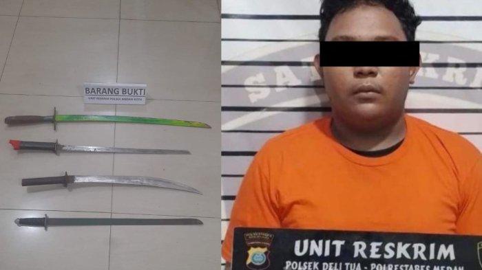 Polsek Delitua mengamankan geng motor Dedem Kurniawan (19) warga Jalan Karya Bakti Kelurahan Sari Rejo Kecamatan Medan Polonia Kota Medan beserta sejumlah senjata tajam, pelaku tawuran di Underpass Titi Kuning, Jalan BZ Hamid, Kelurahan Titi Kuning, Kecamatan Medan Johor, Kota Medan, Kamis (9/5/2024) sekira pukul 01.00 WIB lalu.