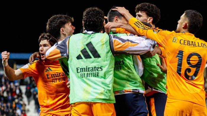 LOLOS SEMIFINAL - Real Madrid selebrasi usai menang dari Leganes di perempat final Copa del Rey 2024-2025, dan membuat El Rel ke semifinal. Bertindak sebagai tamu di Estadio Municipal de Butarque, Rabu (5/2/2025) atau Kamis dini hari WIB, Real Madrid sukses membungkam Leganes lewat skor 3-2.