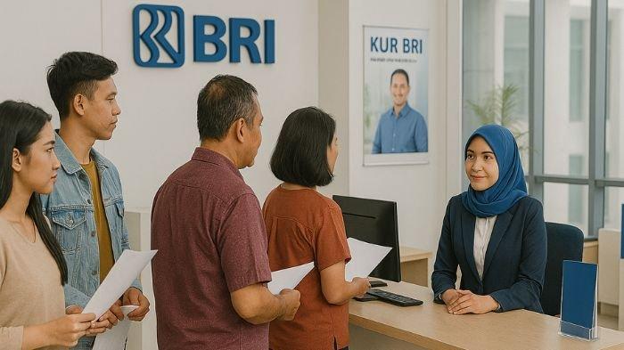 KUR BRI- Ilustrasi sejumlah masyarakat saat akan mengurus KUR BRI. Ilustrasi ini dibuat menggunakan aplikasi kecerdasam buatan atau AI, Kamis (10/7/2025).