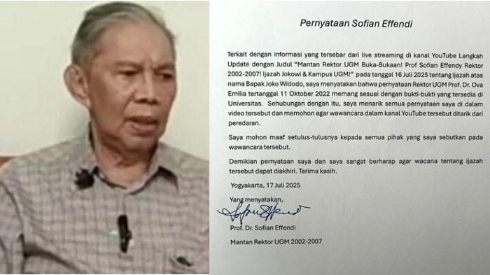 Surat mantan rektor Universitas Gadjah Mada (UGM) 2002-2007, Prof Sofian Effendi, secara resmi menarik semua pernyataannya terkait ijazah Jokowi yang tayang di kanal YouTube.