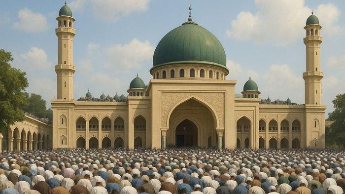 SHALAT I'D- Ilustrasi ini dibuat menggunakan aplikasi kecerdasan buatan atau AI, Kamis (5/6/2025). Ilustrasi ini menggambarkan ratusan umat muslim yang melaksanakan shalat Idul Adha.