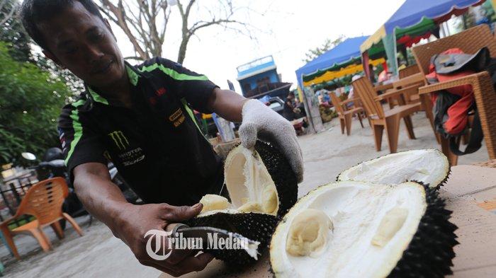 Pedagang menunjukkan durian bakar pesanan dari pembeli di Jalan Bromo, Medan, Sumatera Utara, Jumat (27/8/2021). Buah durian yang menjadi salah satu primadona yang disantap dengan cara dibakar itu dijual dengan harga Rp25.000-Rp50.000 per butir.TRIBUN MEDAN/RISKI CAHYADI