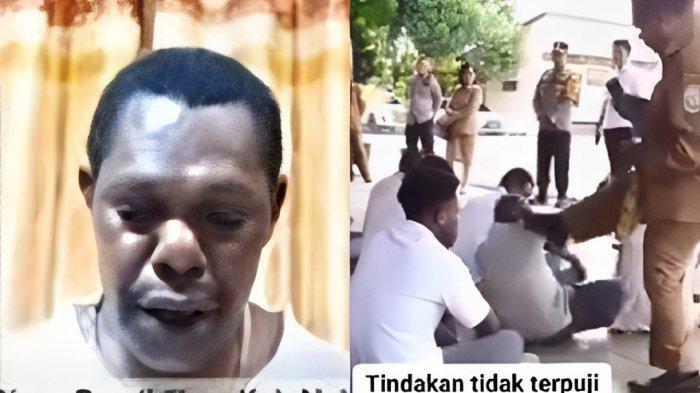 OKNUM ASN TENDANG SISWA -- Tangkapan layar video oknum PNS melakukan gerakan menendang ke arah siswa SMP di Nabire gara-gara ikut demo tolak program makan bergizi gratis pada Senin (17/2/2025). Sosok oknum PNS tersebut terungkap hingga klarifikasinya jadi sorotan.