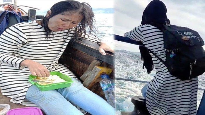 Seorang wanita berbaju garis-garis putih melompat dari Kapal Motor Aceh Hebat 2 tujuan Banda Aceh Sabang pada Sabtu (19/8/2023). 