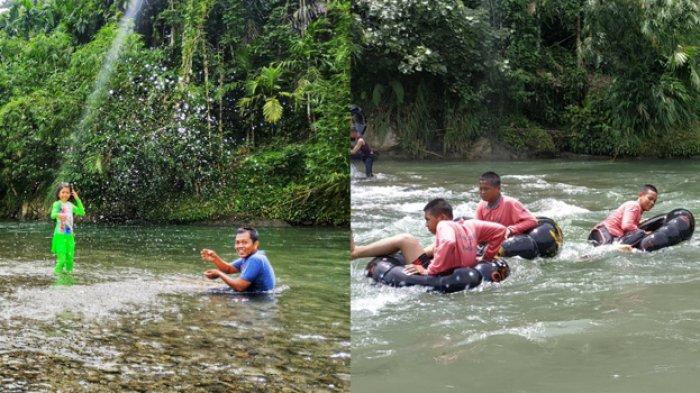 Menikmati Sejuk dan Jernihnya Aliran Sungai Namu Sira-sira yang Berwarna Hijau Toska. Warga menikmati sejuknya pamandian alam Namu Sira-sira di Desa Durian Lingga, Kecamatan Sei Bingai Kabupaten Langkat Sumatera Utara, Minggu (25/8/2019).