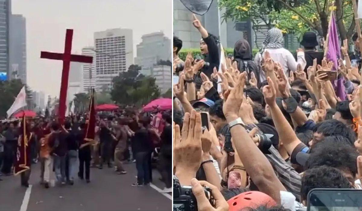 Geger Penampakan Salib Merah di Tengah Pesta Babi Aksi Demo Mahasiswa