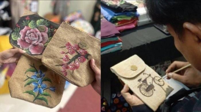 PRODUK KREATIF - Salah satu produk perajin lokal Cenderaloka, Nasrafa Lukis yang menjual tas dan pouch lukis gaya autentik. (TRIBUN NETWORK)