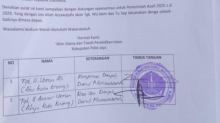 Tanda tangan Tgk H Usman Ali atau Abu Kuta Krueng yang meminta agar Mualem menggandeng Tu Sop.