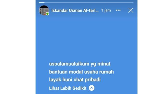 MODUS PENIPUAN - Tangkapan layar postingan Facebook yang mencatut nama Bupati Aceh Timur terpilih, Iskandar Usman Al-Farlaky.