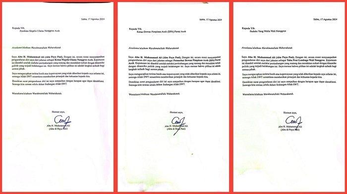 Tiga surat pengunduran diri yang ditandatangani Abu Paya Pasi. Yakni surat pengunduran diri dari Tuha Peut Lembaga Wali Nanggroe, Penasehat Dewan Pimpinan Aceh Partai Aceh, dan juga Ketua Umum MUNA.
