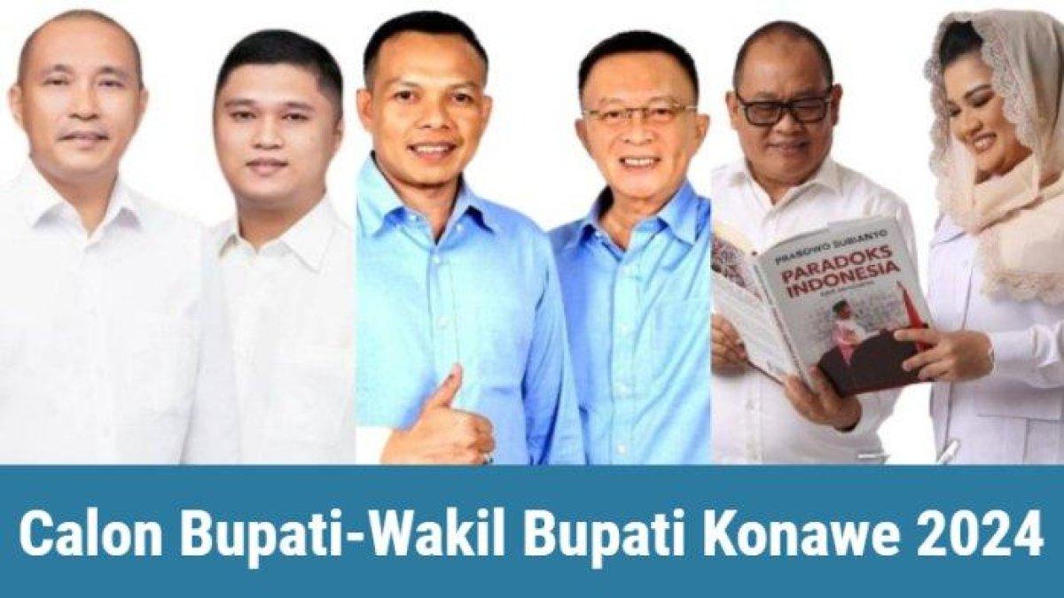 3 calon Bupati Konawe, Sulawesi Tenggara (Sultra), serta bakal calon wakil bupatinya pada Pemilihan Kepala Daerah atau Pilkada Konawe 2024, Harmin Ramba dan Dessy Indah Rachmat (Hadir), Yusran Akbar dan Syamsul Ibrahim (Ya-Syam), serta Rusdianto dan Fachry Pahlevi Konggoasa (RD-FPK)