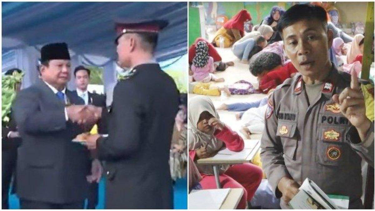 POLISI BERPRESTASI - (Kiri) Siarang langsung acara HUT Bhayangkara ke-79 ketika Presiden Prabowo Subianto memberikan potongan nasi tumpeng kepada Aiptu Agus Rianto di Silang Monas, Jakarta Pusat, Selasa (1/7/2025) dan (Kanan) Aiptu Agus Rianto saat mengajar di sekolah gratisnya. Berikut sosok dari Aiptu Agus Rianto.