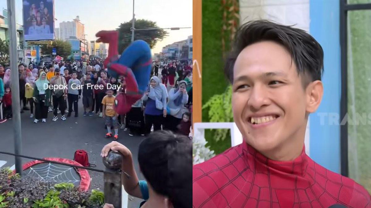 SPIDERMAN CFD DEPOK - Aksi Ibnu saat menjadi Spiderman menghibur pengunjung CFD Depok, Jawa Barat.