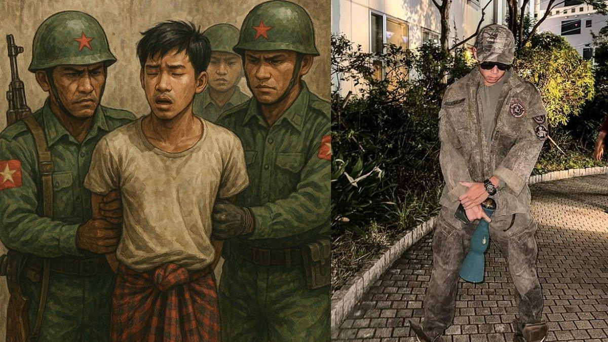 SELEBGRAM AP DITAHAN - Kolase foto ilustrasi pemuda ditahan militer Myanmar dibuat dengan AI dan potret Arnold Putra diambil dari Instagram @arnoldputra. Arnold Putra diduga sebagai selebgram AP yang ditahan junta militer Myanmar