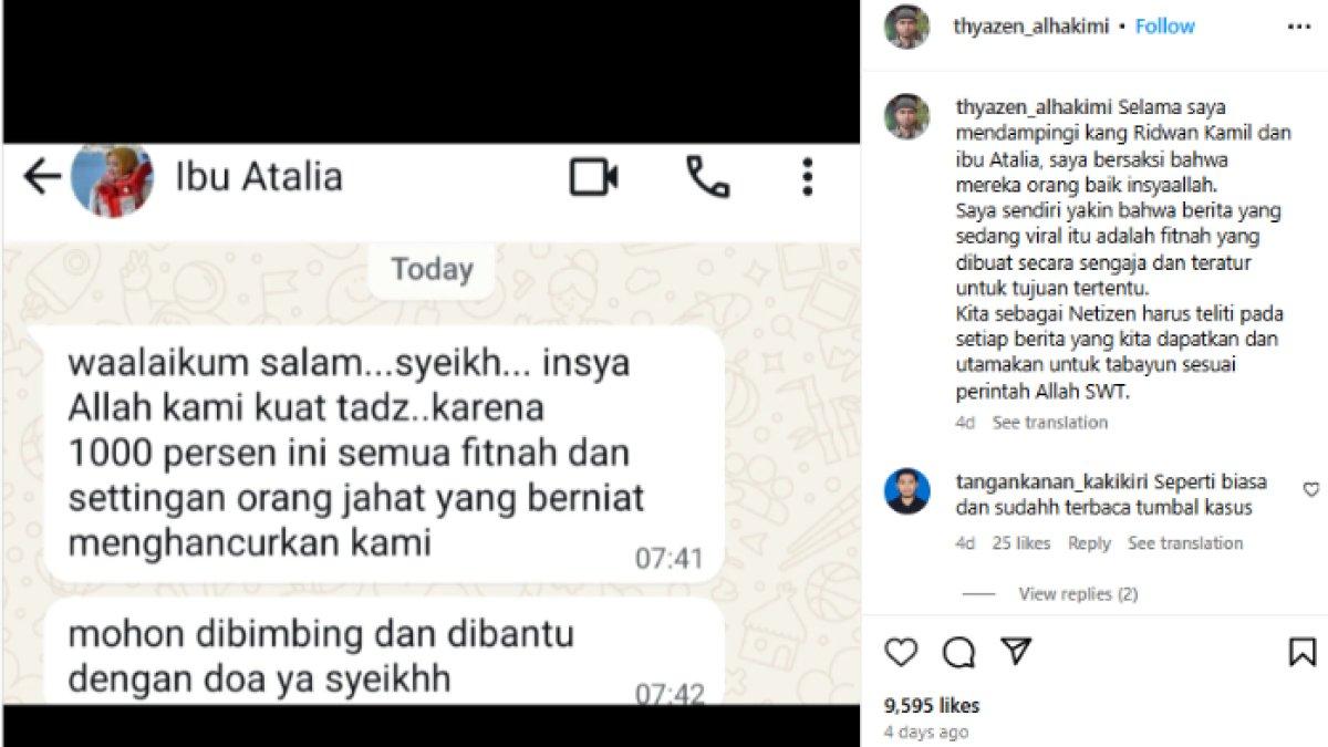 CHAT ATALIA PRARATYA - Potret isi chat Atalia Praratya dengan Imam Masjid Raya Aljabar, Yazen Alhakimi, diambil dari Instagram pada Kamis (3/4/2025). Atalia Praratya mengaku kuat.