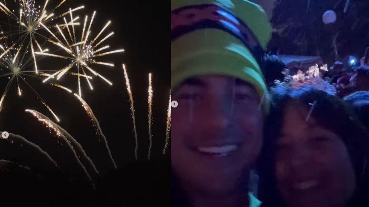 Aurelie Moeremans dan Tyler Bigenho menikmati kembang api dan salju.