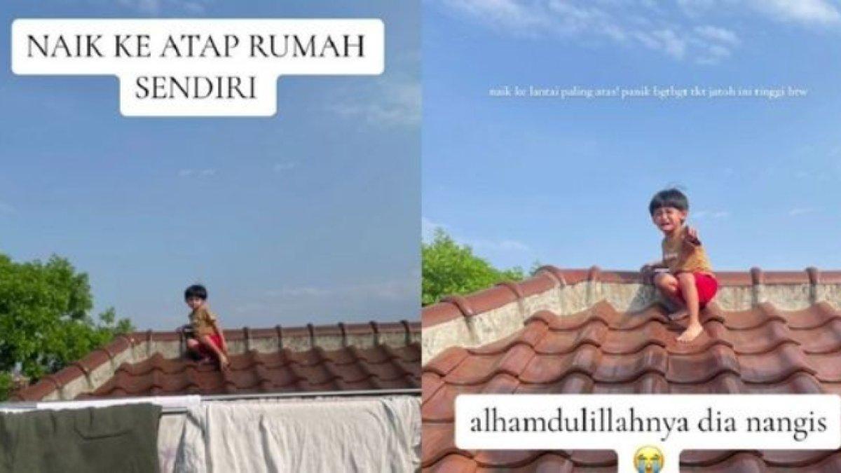 Balita nekat naik atap rumah lantai tiga bikin keluarga tercengang dan panik mencari, ternyata terinspirasi film kartun