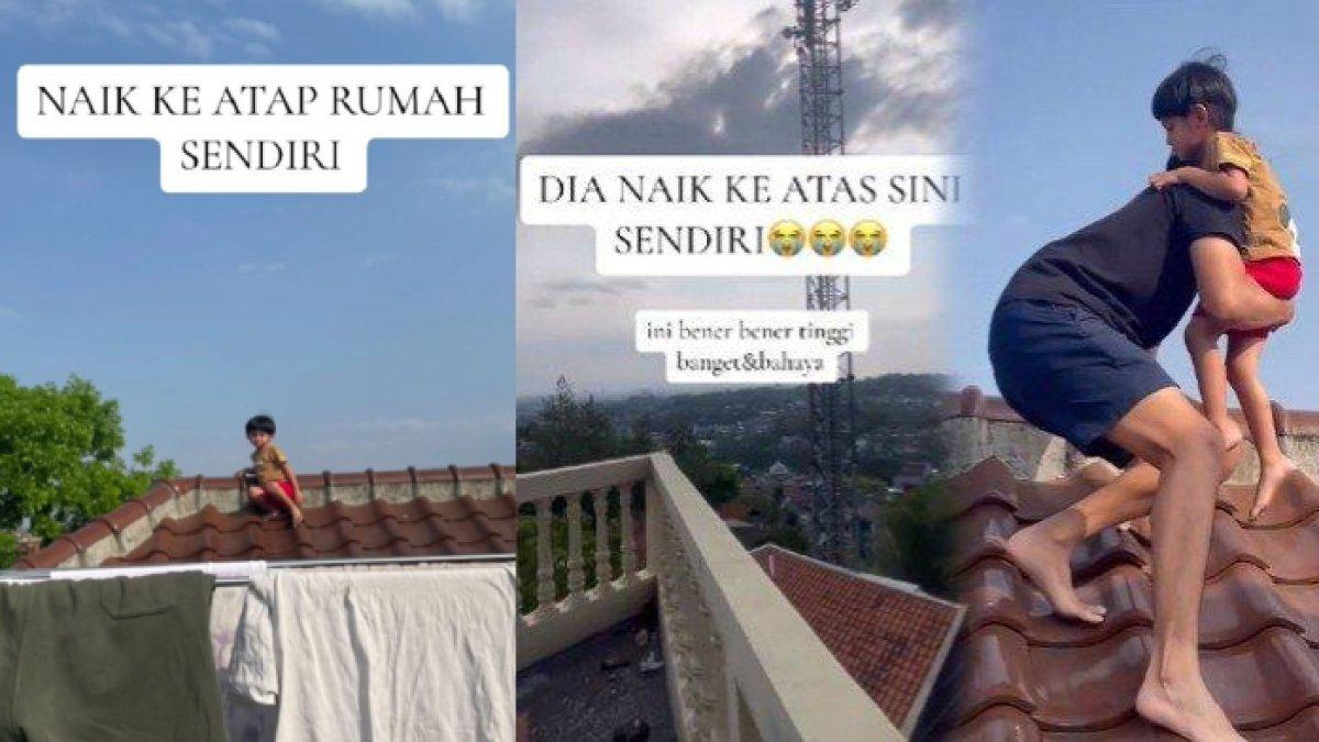 Balita nekat naik atap rumah lantai tiga bikin keluarga tercengang dan panik mencari, ternyata terinspirasi film kartun