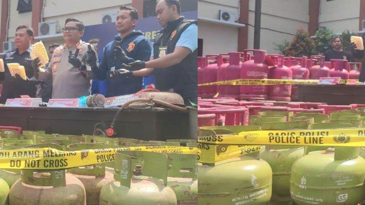 KASUS ELPIJI OPLOSAN - Barang bukti dalam kasus pengoplosan gas elpiji 12 kilogram ditampilkan dalam konferensi pers di Polres Temanggung, Jawa Tengah Kamis (15/5/2025). Pelaku dalam kasus ini adalah J, peternak ayam dan tiga rekannya.