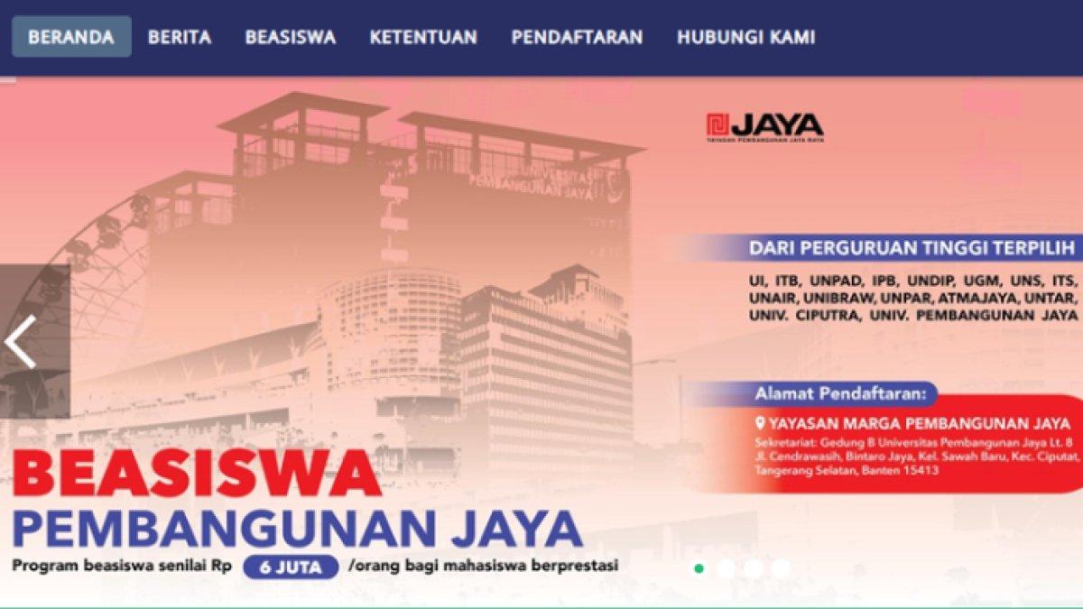 Beasiswa Pembangunan Jaya dibuka bagi mahasiswa di sejumlah perguruan tinggi negeri maupun swasta.
