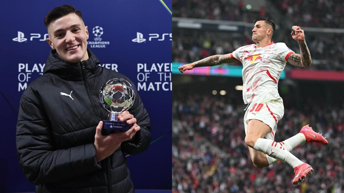 BAK MELAYANG - Benjamin Sesko berselebrasi bak sedang melayang saat mencetak gol untuk RB Leipzig musim 2024-2025.