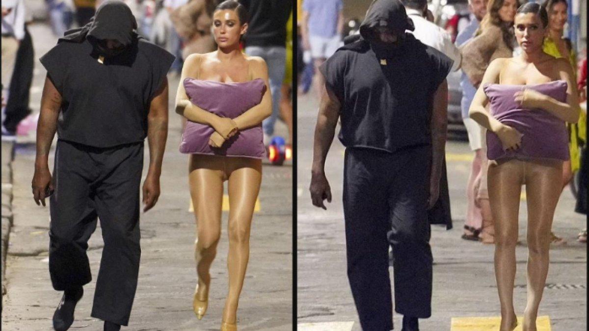 Bianca tampak mengenakan bodysuit lengan panjang untuk makan malam mereka, sementara Kanye menutupi wajahnya dengan selendang hitam.