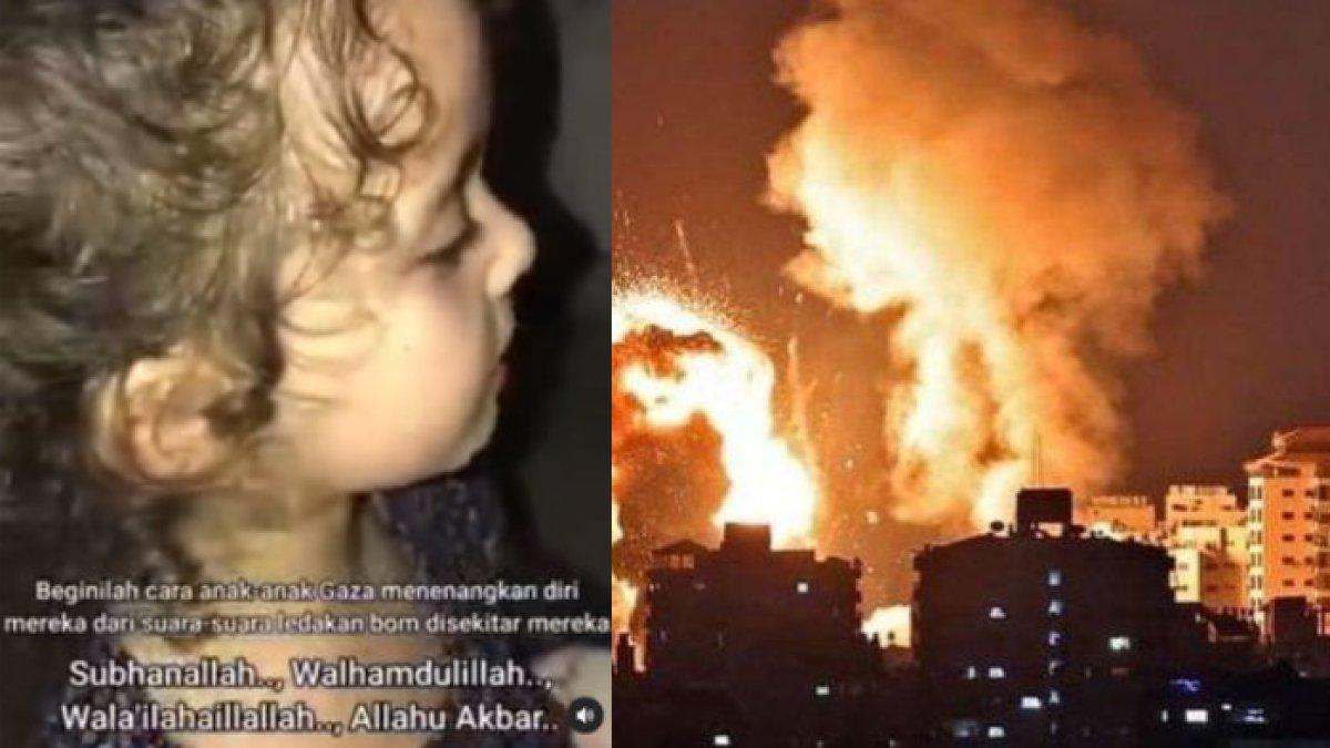Bocah di Gaza khusyuk berdzikir di tengah ledakan bom dari Israel.