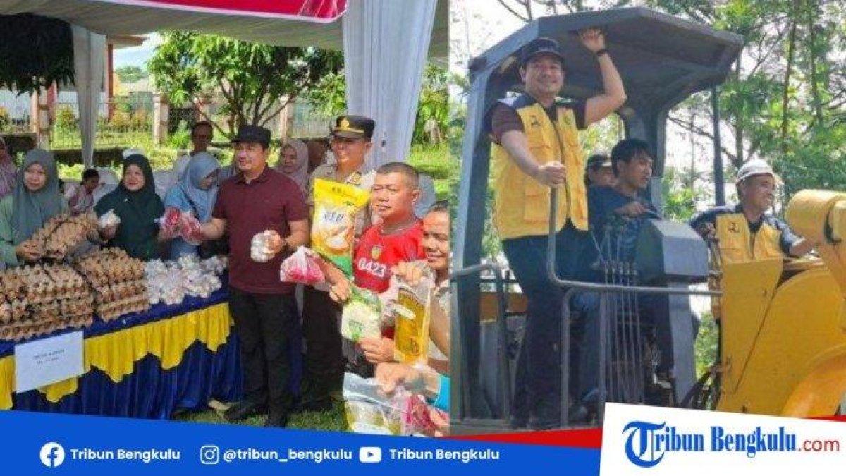 100 HARI KERJA - Bupati Arie saat menghadiri bazar gerakan pangan murah (Kiri) dan Bupati Arie bersama Kadis PUPR menaiki unit Grader menebas semak belukar program 'Jumat Bersih' (Kanan). Gerak cepat 100 hari kerja, Bupati Bengkulu Utara Arie Septia Adinata gelar kegiatan bazar gerakan pangan murah dan Jumat bersih di Kabupaten Ben