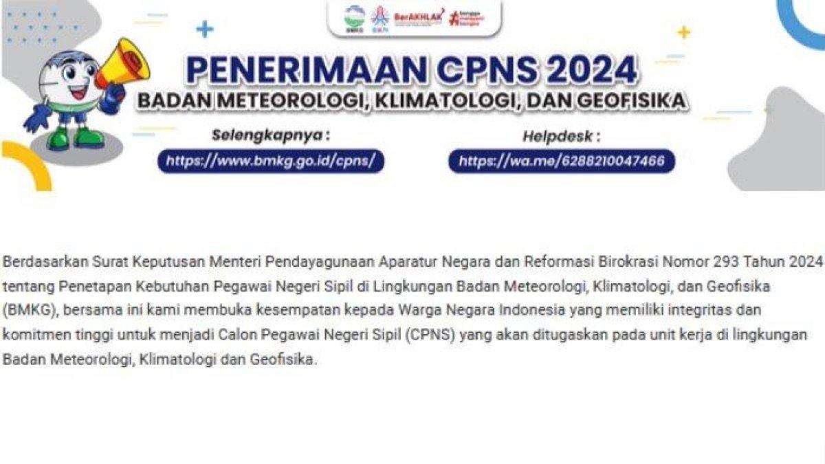 CPNS BMKG 2024 - Daftar 26 formasi CPNS BMKG 2024 yang sepi peminat. Padahal pendaftaran CPNS BMKG 2024 akan ditutup pada Selasa (10/7/2024).