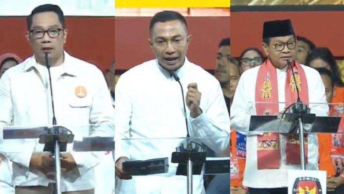 Calon gubernur Jakarta, Ridwan Kamil, Dharma Pongrekun, Pramono Anung dalam acara debat kedua pemilihan gubernur (Pilgub), di Beach City International Stadium, Jakarta Utara, Minggu (27/10/2024) malam. Inilah sosok pemenang Pilkada DKI Jakarta 2024 berdasarkan hasil quick count dari sejumlah lembaga survei dan real count KPU.