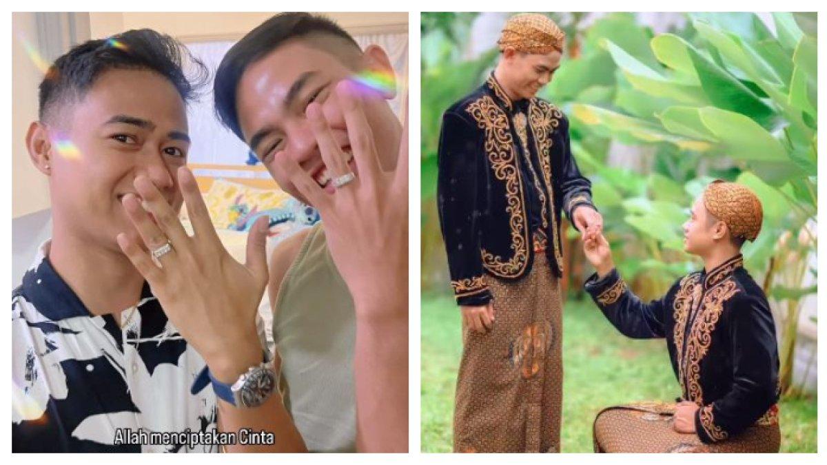 PASANGAN SESAMA JENIS - Chiko duda asal Jember nikahi Wiran, pemuda Lombok. Pasangan sesama jenis ini santai pamer kemesraan foto pakai baju pengantin adat Jawa.