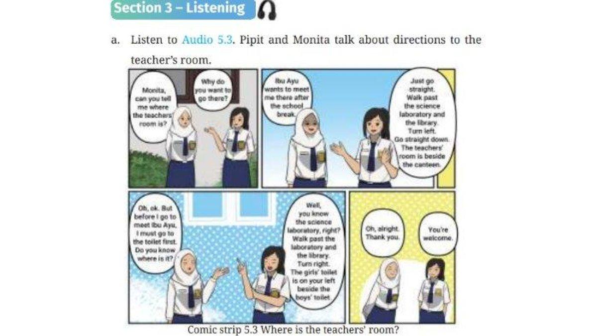 Comic strip 5.3 Where is the teachers' room untuk kunci jawaban Bahasa Inggris SMP Kelas 7 Buku English For Nusantara Kurikulum Merdeka Halaman 211 poin b atau Worksheet 5.5 Section 3 Listening, Unit 1 School Buildings pada Chapter 5 This is My School. (SIBI)