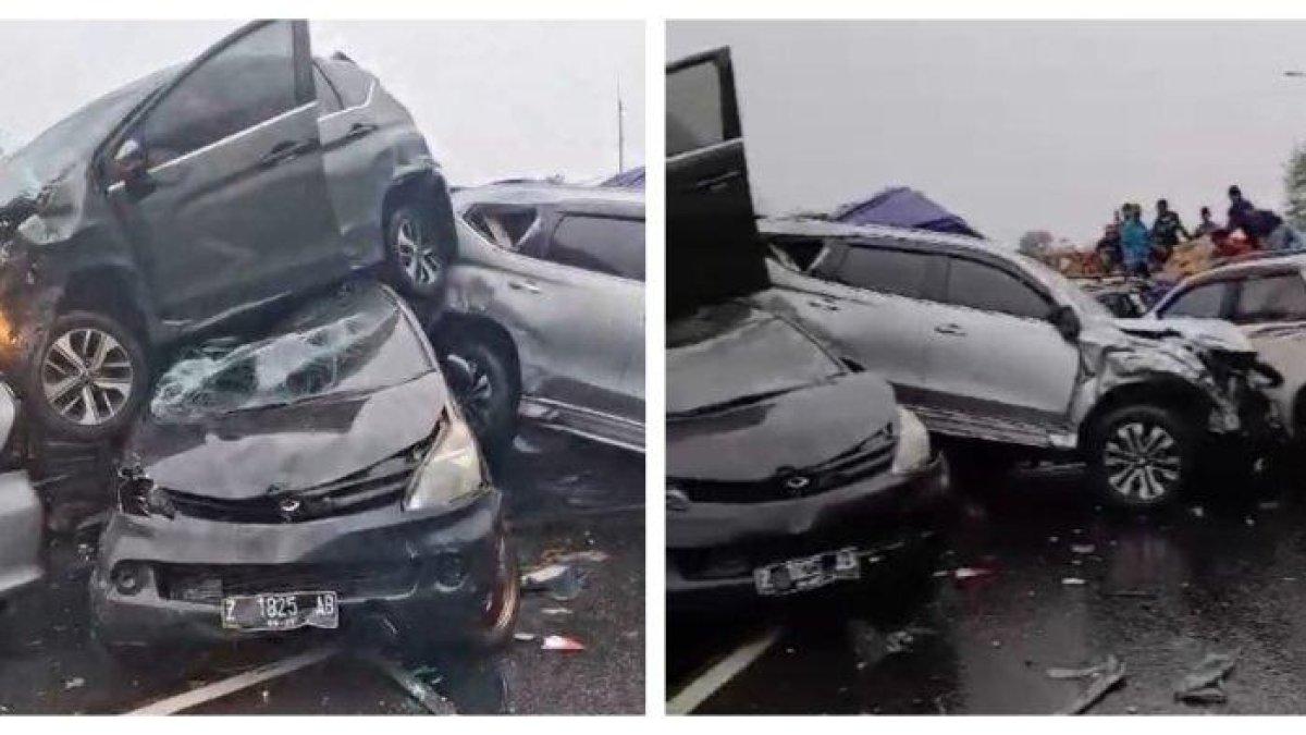Beberapa dari belasan kecelakaan roda empat yang mengalami kecelakaan beruntun diseruduk sebuah truk semi trailer pengangkut kertas karton yang mengalami rem blong di ruas tol Cipularang Km 92 dari Bandung arah ke Jakarta, Senin sore, 11 November 2024.