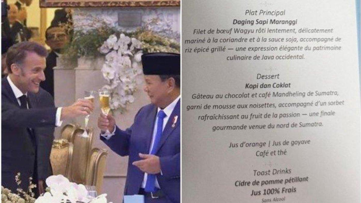 MENU GALA DINNER - (kiri) Prabowo dan Macron bersulang di gala dinner di Istana Kepresidenan RI, 29 Mei 2025 dan (kanan) daftar menu galla dinner Presiden RI Prabowo Subianto dan Presiden Prancis Emmanuel Macron. Dalam daftar menu itu, tak ada tulisan alkohol di dalamnya.