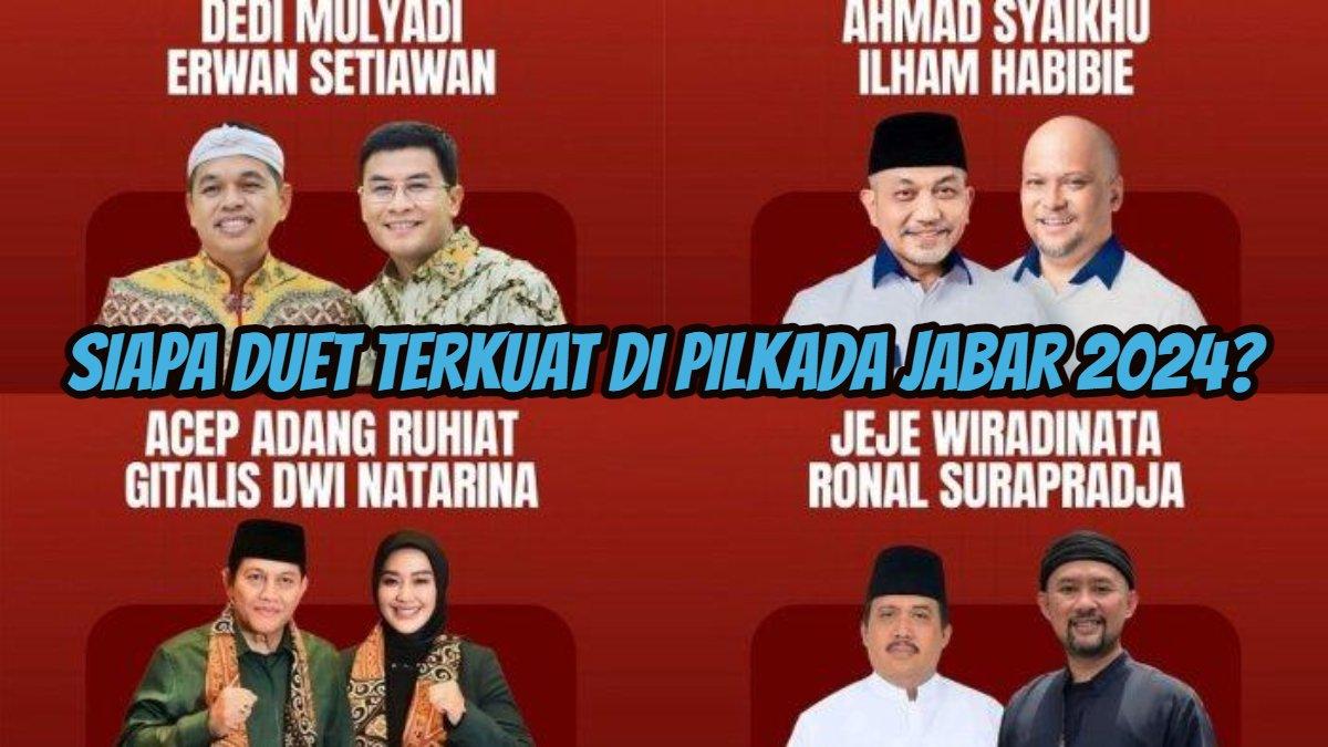 Inilah hasil survei terbaru Pilkada Jawa Barat (Jabar) 2024. Dedi Mulyadi-Erwan Setiawan, Ahmad Syaikhu-Ilham Habibie, Acep Adang Ruhiyat-Gitalis Dwi Natarina dan Jeje Wiradinata-Ronal Surapradja, siapa pasangan terkuat.