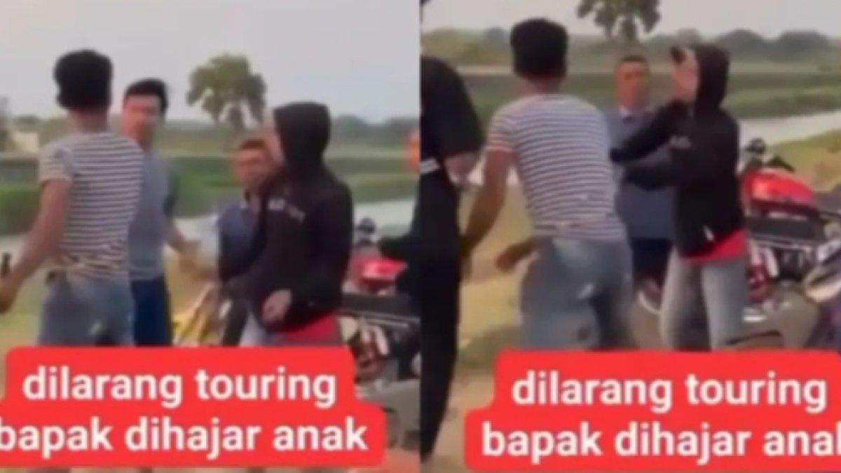 Detik-detik anak berbaju garis-garis menghajar ayahnya sendiri karena dilarang ikut touring