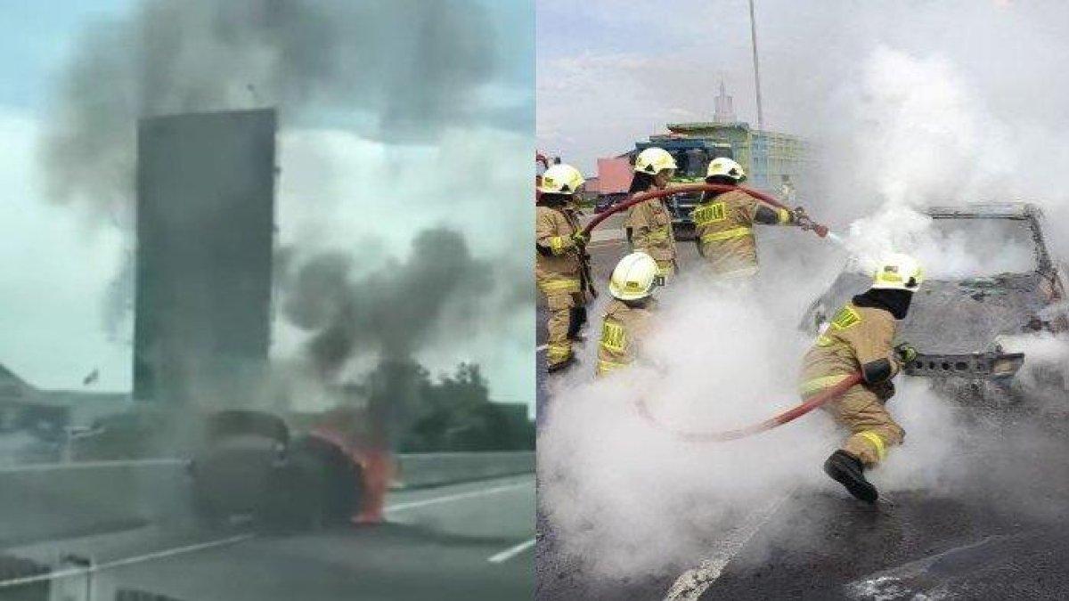 Tangkapan layar detik-detik mobil Ford Focus terbakar di di jalan Tol JORR TB Simatupang, Cilandak, Jakarta Selatan, Jumat (12/1/2024), sekitar pukul 13.30 WIB.