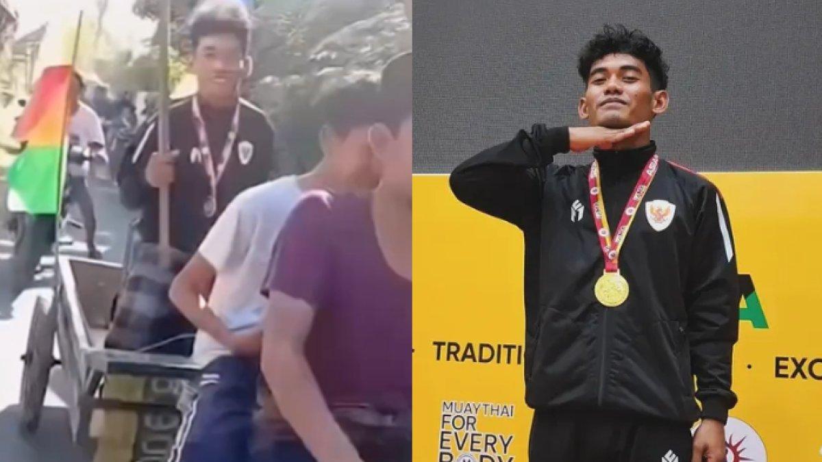 SOSOK ATLET BERPRESTASI - (kiri) Potongan video Dimas diarak pakai gerobak keliling kampung (kanan) Potret Dimas Lukito diambil dari Instagram pada Selasa (1/7/2025). Dimas Lukito bikin bangga karena mendapatkan medali emas dari kejuaraan muaythai.