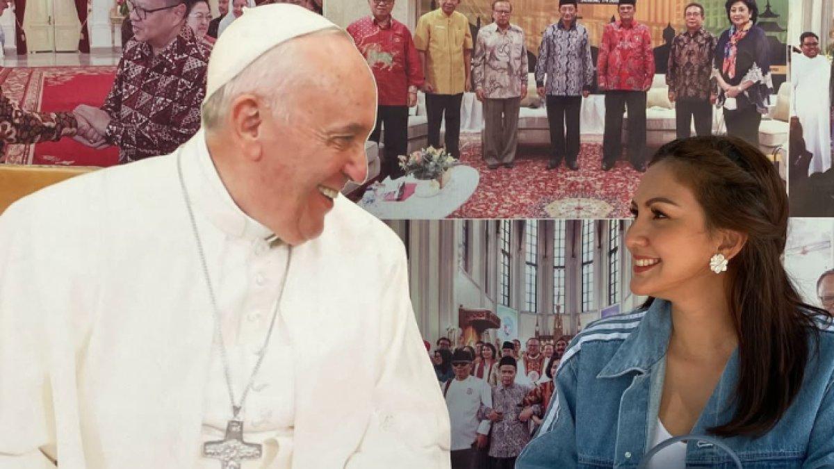 PAUS FRANSISKUS WAFAT - Potret Donna Agnesia bersama cutting figure Paus Fransiskus diambil dari Instagram pada Senin (21/4/2025). Donna Agnesia berduka atas kepergian Paus Fransiskus.