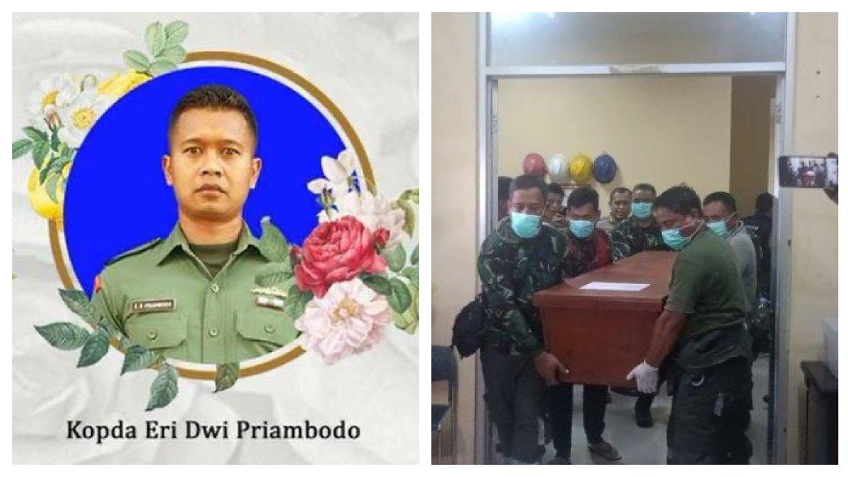 ERI DWI PRAMBODO - (kiri) Kopral Dua (Kopda) Eri Dwi Priambodo menjadi satu dari empat prajurit Tentara Nasional Indonesia (TNI) yang tewas saat bertugas dalam pemusnahan amunisi kedaluwarsa di Garut, Jawa Barat, Senin (12/5/2025). (kanan) Peti jenazah anggota TNI korban yang tewas pemusnahan amunisi kadaluwarsa di Pantai Cibalong, Garut diantarkan ke keluarganya di Jakarta dan Bekasi dari Garut, Selasa (13/5/2025) malam.