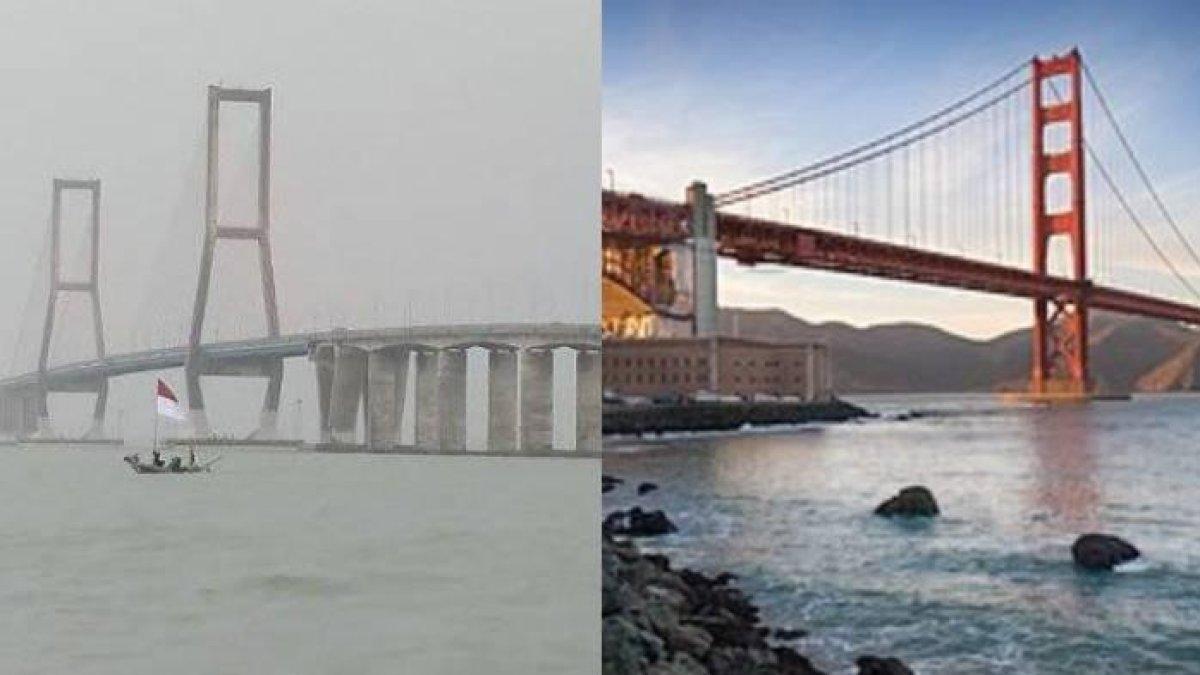 Kolase foto Jembatan Suramadu Madura dan Jembatan Golden Gate Mexico.