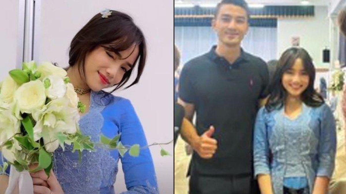 Fuji dapat bunga yang dilempar pengantin, Pratama Arhan dan Azizah Salsha. Fuji pun semringah lantas berfoto dengan pria tampan (kolase Instagram)