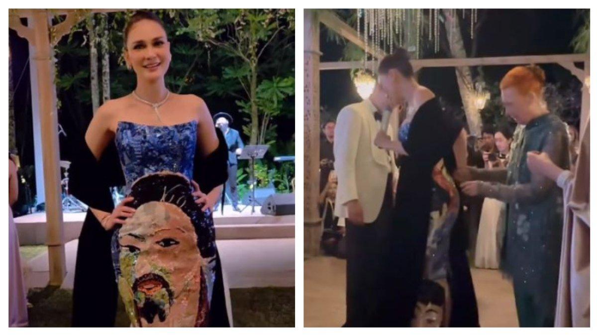 GAUN LUNA MAYA - Luna Maya memberikan kejutan kepada sang ibu, Desa Maya. Istri Maxime Bouttier memakai gaun bergambar wajah ibu dan ayahnya di momen resepsi, Kamis (8/5/2025).