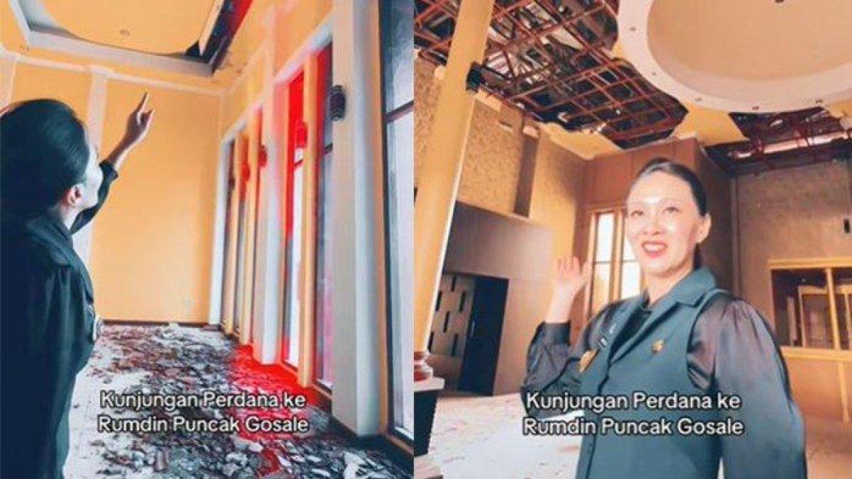RUMDIS GUBERNUR MALUT - Gambar tangkap layar rumah dinas Gubernur Maluku Utara, Sherly Tjoando Laos menunjukkan atap roboh yang diunggah sang gubernur di TikTok pada Senin (10/3/2025) Sherly Tjoanda merupakan gubernur terkaya.
