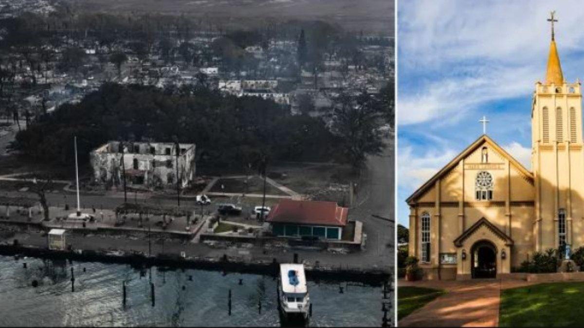 Gereja Maria Lanakila tetap berdiri setelah kebakaran hutan yang menghancurkan sebagian besar kota Lahaina