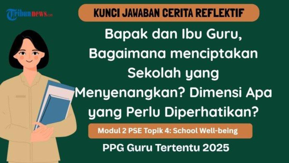 JAWABAN CERITA REFLEKTIF - Grafis tentang kunci jawaban Cerita Reflektif Modul 2 PSE Topik 4: School Well-being yang dibuat di aplikasi Canva Premium, Kamis (12/6/2025). Inilah kunci jawaban Cerita Reflektif: Bapak dan Ibu Guru, bagaimana menciptakan sekolah yang menyenangkan? Dimensi apa yang perlu diperhatikan?