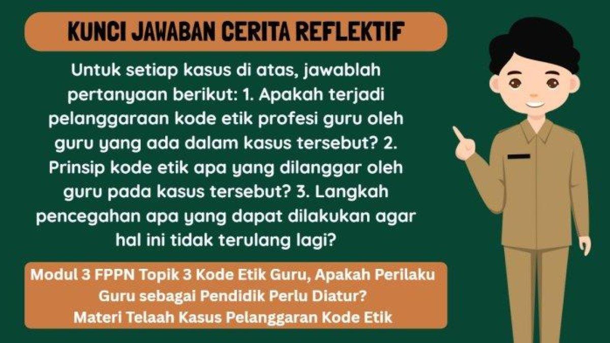 JAWABAN CERITA REFLEKTIF - Grafis tentang kunci jawaban Cerita Reflektif Modul 3 FPPN 3 Kode Etik Guru, Apakah Perilaku Guru sebagai Pendidik Perlu Diatur? materi Telaah Kasus Pelanggaran Kode Etik yang dibuat di aplikasi Canva Premium, Senin (16/6/2025). Inilah kunci jawaban cerita reflektif: Untuk setiap kasus di atas, jawablah pertanyaan berikut: 1. Apakah terjadi pelanggaraan kode etik profesi guru oleh guru yang ada dalam kasus tersebut? 2. Prinsip kode etik apa yang dilanggar oleh guru pada kasus tersebut? 3. Langkah pencegahan apa yang dapat dilakukan agar hal ini tidak terulang lagi?