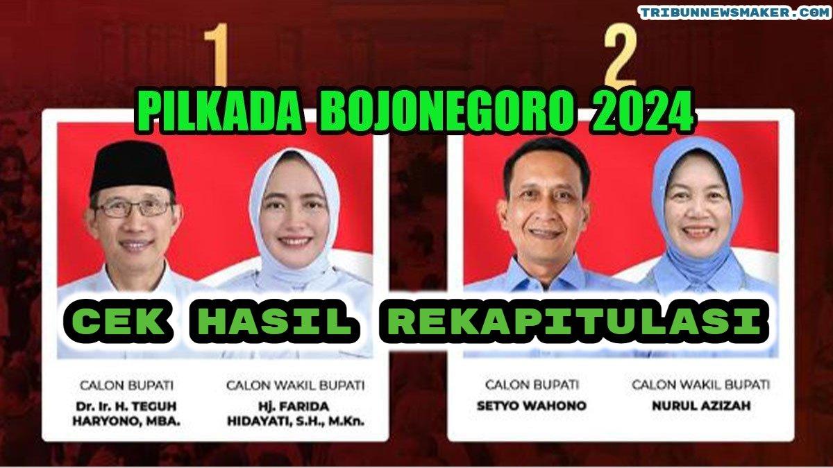 Berikut hasil rekapitulasi Pilkada Bojonegoro 2024. Setyo Wahono-Nurul Azizah kalahkan Teguh Haryono-Farida Hidayati.