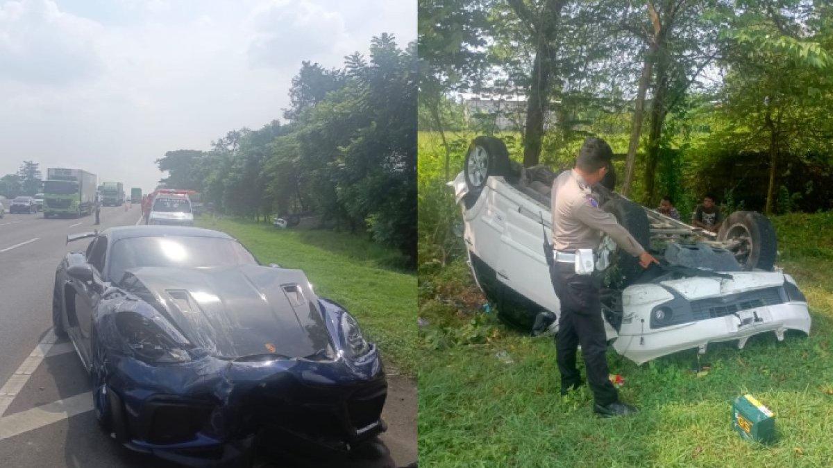 TABRAKAN MOBIL PORSCHE - Kondisi super car Porsche dan Rush usai terlibat kecelakaan di Tol Sidoarjo-Porong, Minggu (1/6/2025). Pengemudi Porsche merupakan Hazelle Joewono You.