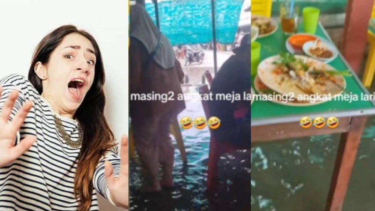 ILUSTRASI Wanita panik saat makan tiba-tiba dihantam ombak pantai, banjir rob tak terelakkan